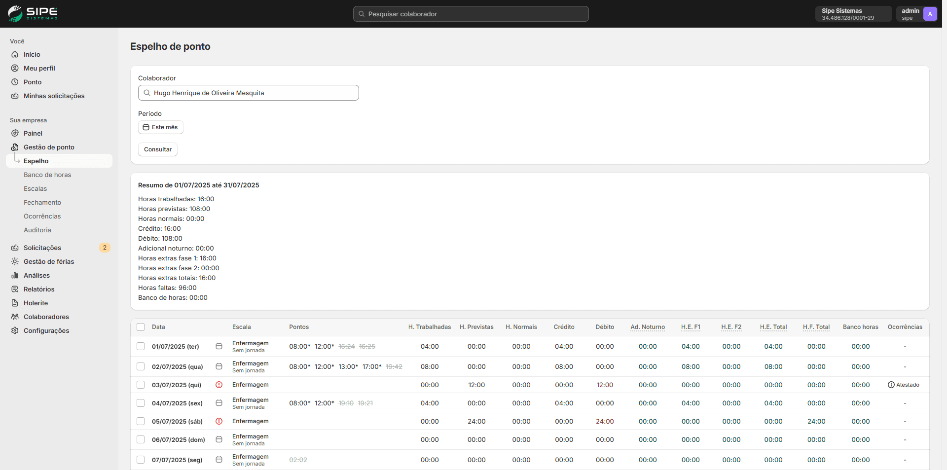 Interface do Controle de ponto